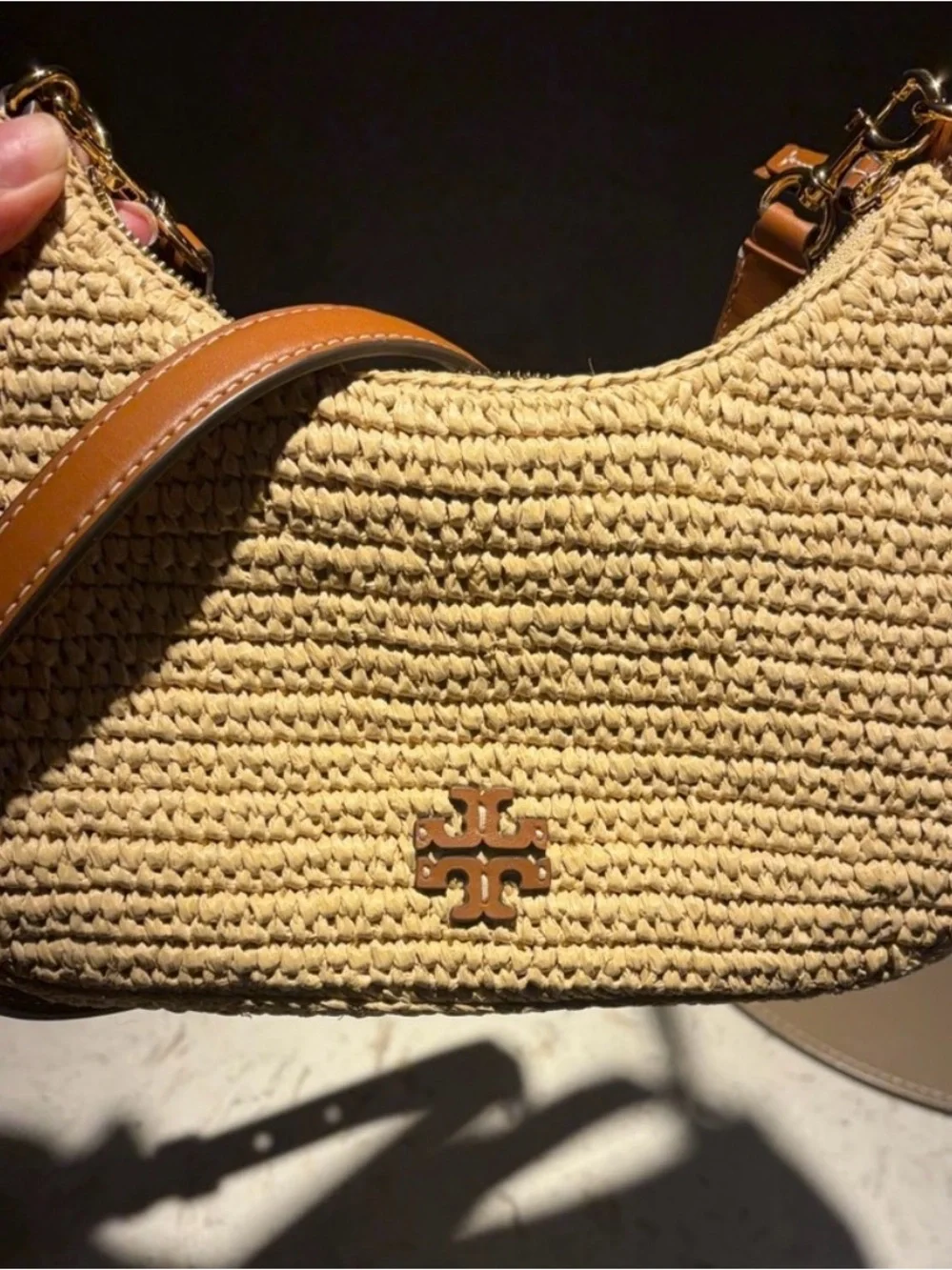 Tory Burch Cream Straw Shoulder Bag with size 10.5 white sneaker shoe